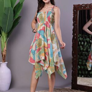 Women's Multicolor Printed Cotton Handkerchief Hem Dress Midi Dresses